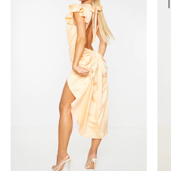 PLT NWT Tangerine Bustle Ruched Backless Satin-style Dress - Picture 1 of 4